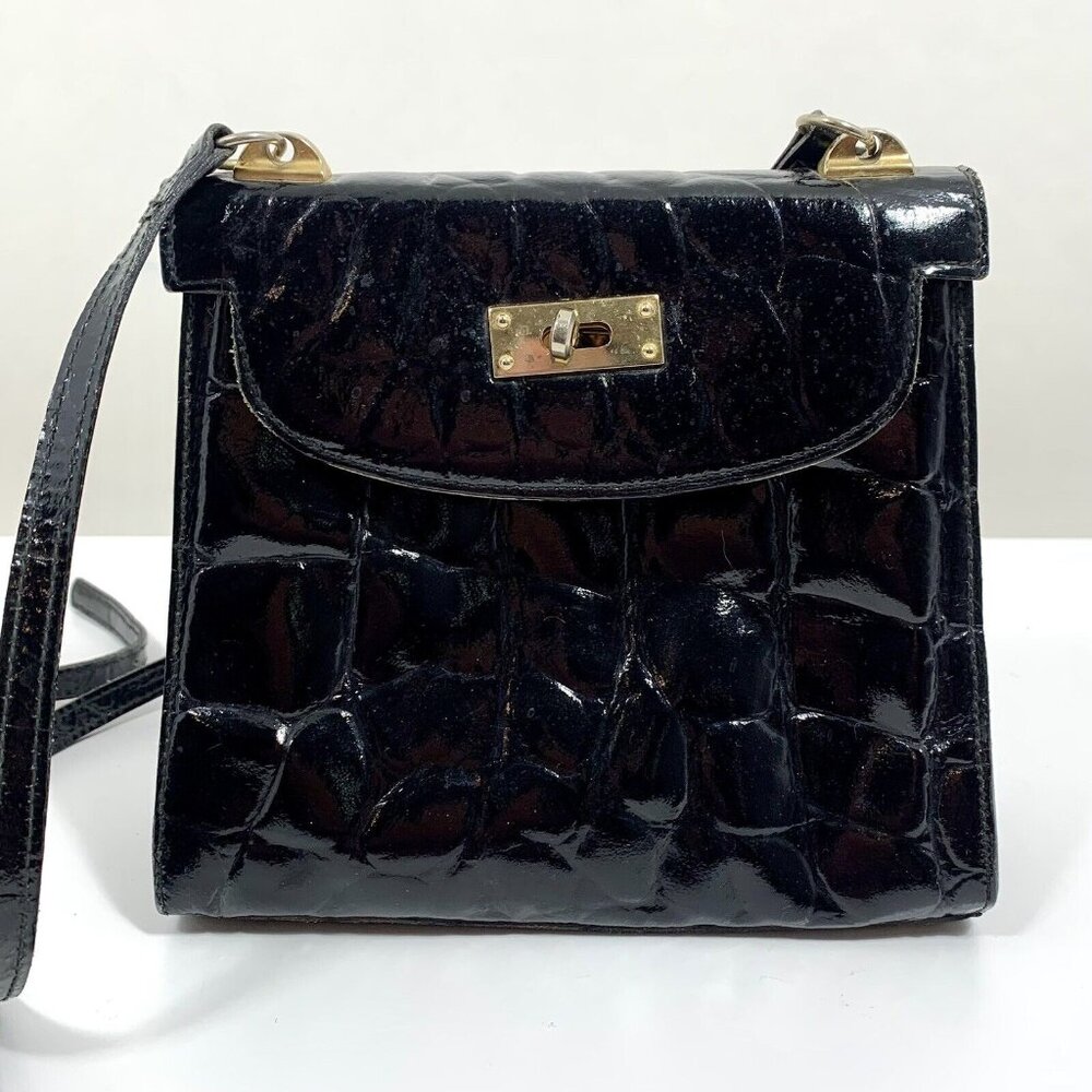 Meyers Black Patent Leather Purse Moc Croc Made ITALY Shoulder Handbag VTG